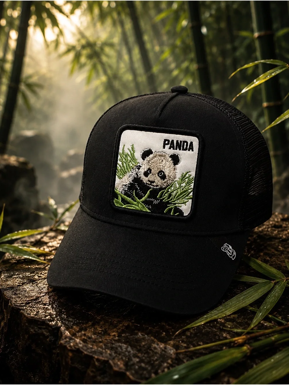 Panda Embroidered Black Trucker Hat | Adjustable Snapback Mesh Cap